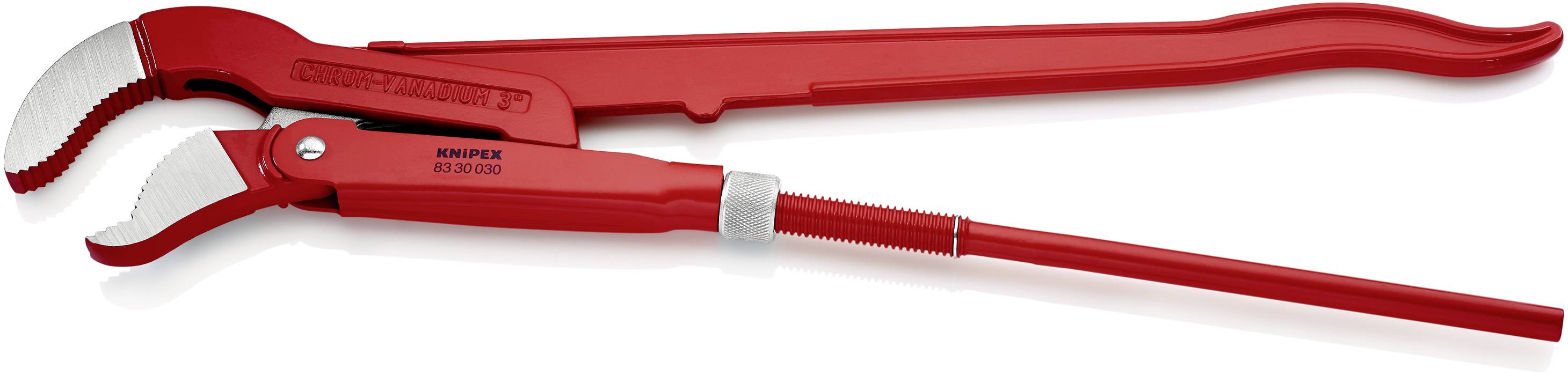 Rote Rohrzange aus Metall mit einstellbarer Greifweite, geeignet für Installations- und Reparaturarbeiten an Rohren und Fittings.