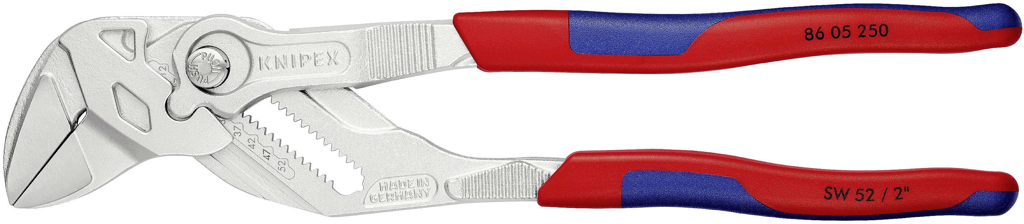 Silberne Zange mit rotem und blauem Griff, Marke Knipex, Modellnummer auf Griff.