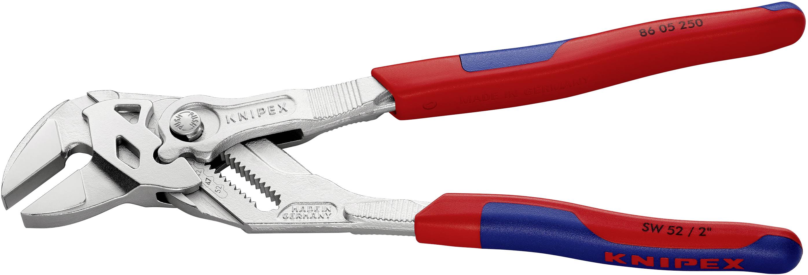 Eine rote und blaue verstellbare Zange mit geriffelten Klingen und ergonomischen Griffen, geeignet für Präzisionsarbeiten.