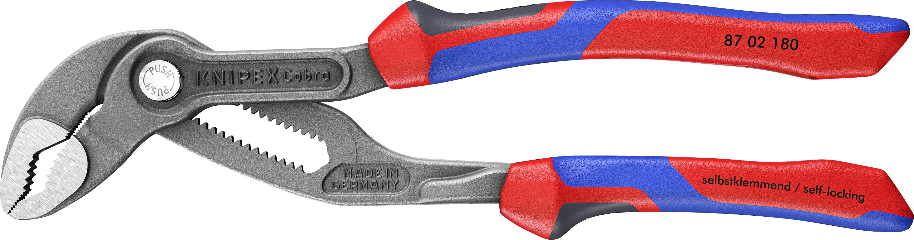 Verstellbare Zange mit rotem und blauem Griff, mit gerilltem Backen zum sicheren Festklemmen und gekennzeichnet mit 'KNIPEX' und 'selbstsperrend'.