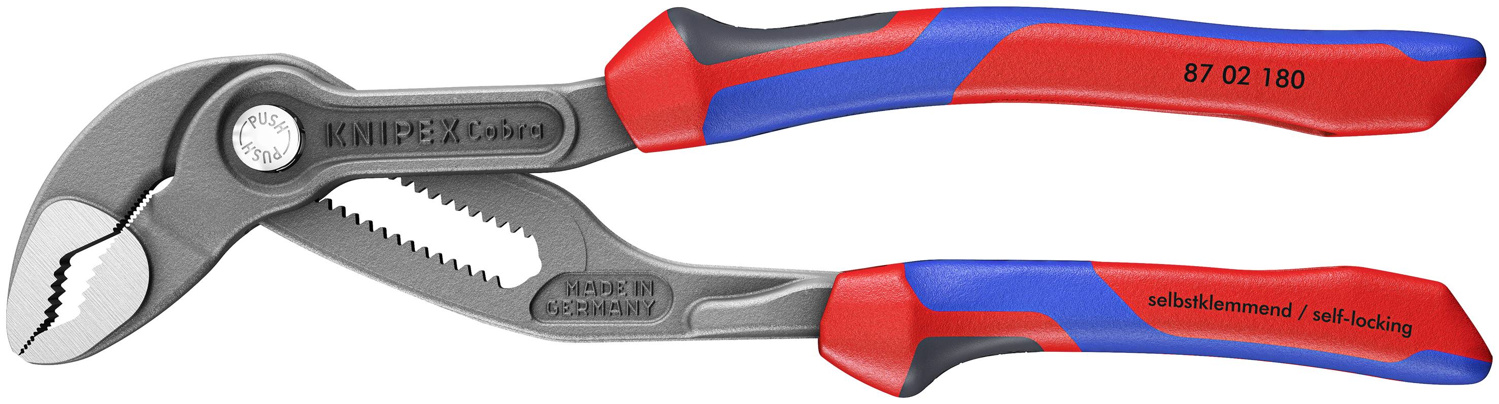 Ein Paar rote und blaue verstellbare Zangen mit gerillten Backen, gekennzeichnet als „selbstsperrend