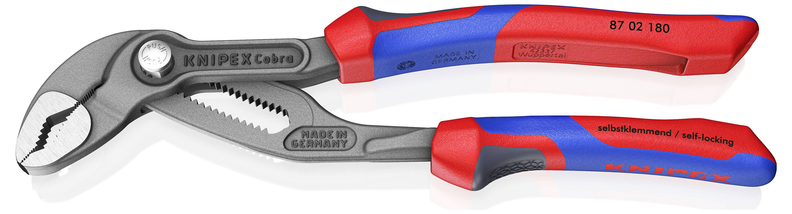 Verstellbare Zange mit roten und blauen Griffen und gezahnten Backen mit der Bezeichnung „Knipex