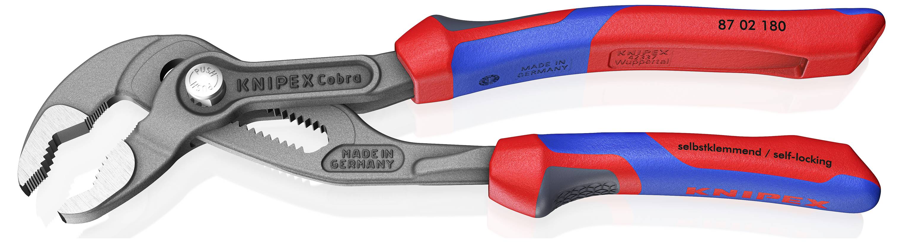 Rote und blaue verstellbare Zangen mit der Bezeichnung „KNIPEX Cobra
