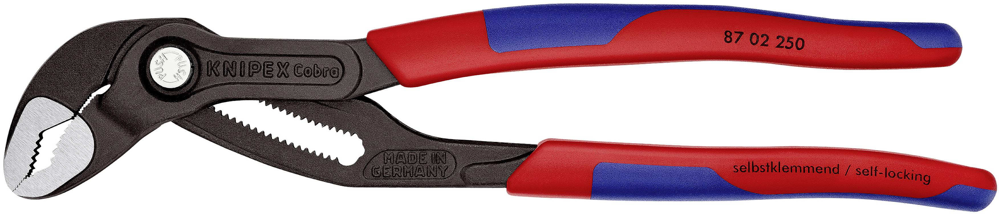 Eine rote und blaue Wasserpumpenzange mit der Aufschrift 'selbstklemmend'. Entwickelt für sicheres Greifen und Halten von Objekten.