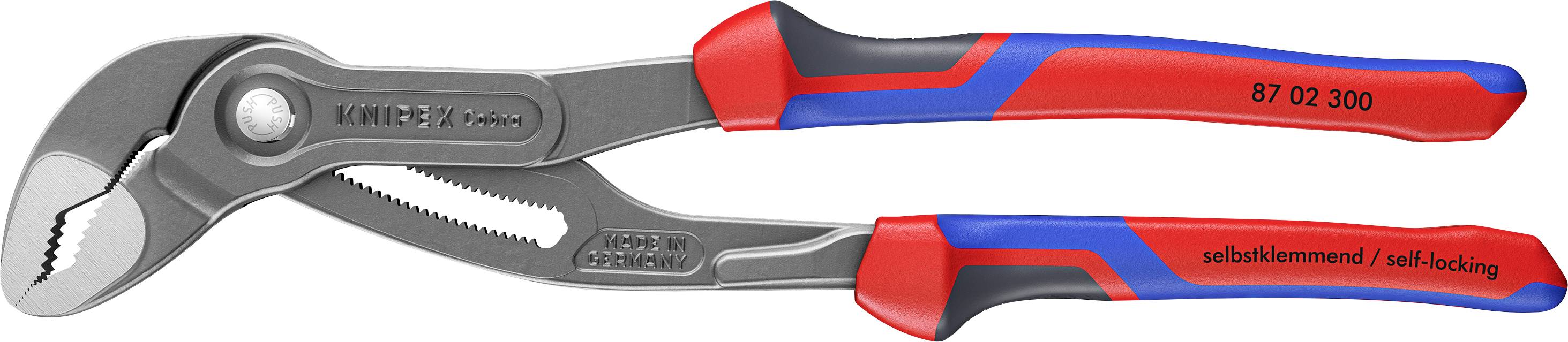 Ein Paar verstellbarer Zangen mit roten und blauen Gummigriffen, gekennzeichnet mit '87 02 300' und 'selbstsperrend', konzipiert zum Greifen von Objekten.