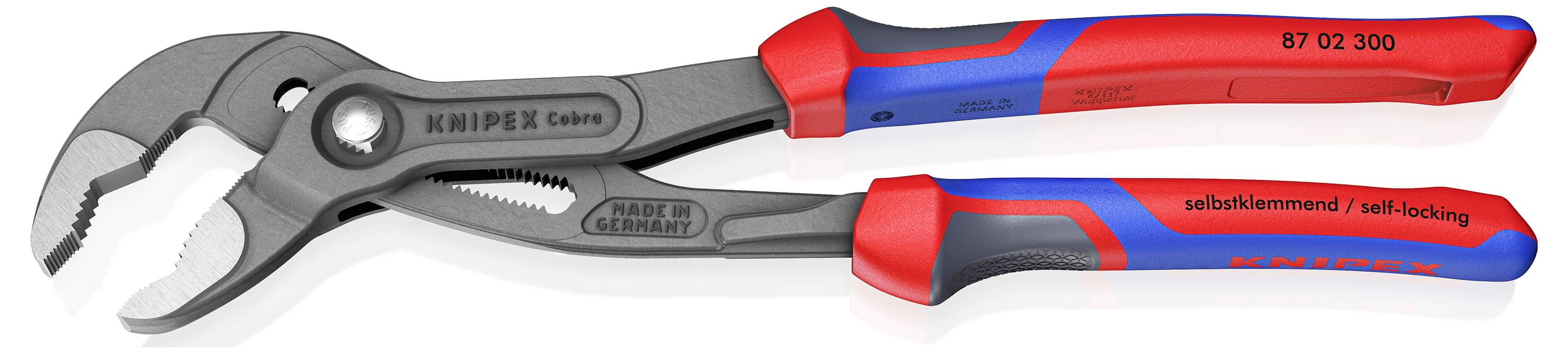 Ein Paar Knipex Cobra-Zangen mit roten und blauen ergonomischen Griffen. Das Werkzeug ist mit „Made in Germany