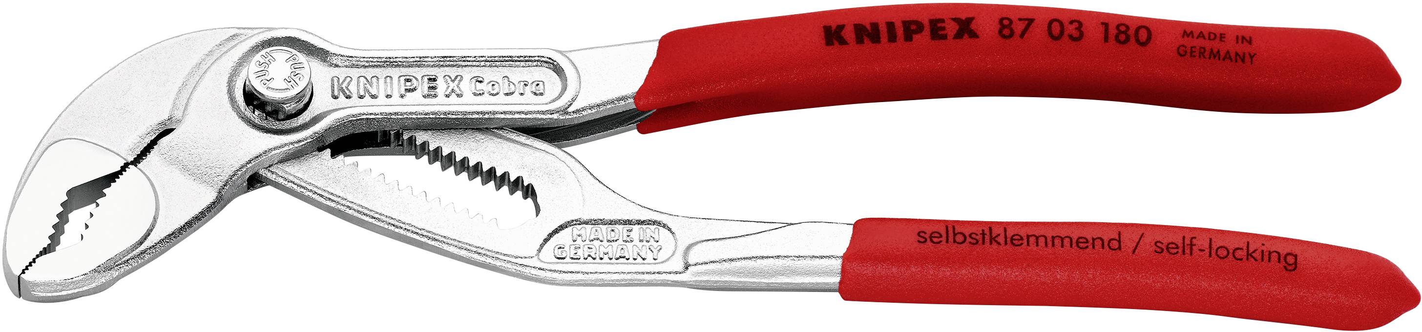Eine rote Wasserpumpenzange der Marke Knipex, Modellnummer 87 03 180, mit der Aufschrift 'selbstklemmend/self-locking' auf dem Griff.