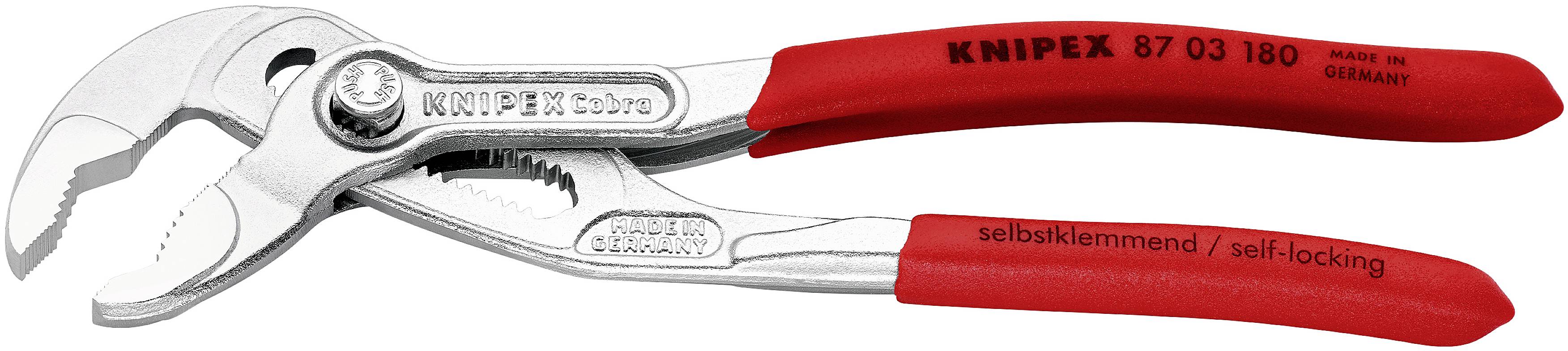 Wasserpumpenzange von KNIPEX mit rotem Griff und verstellbarem Kiefermechanismus. Modellnummer 87 03 180, hergestellt in Deutschland.