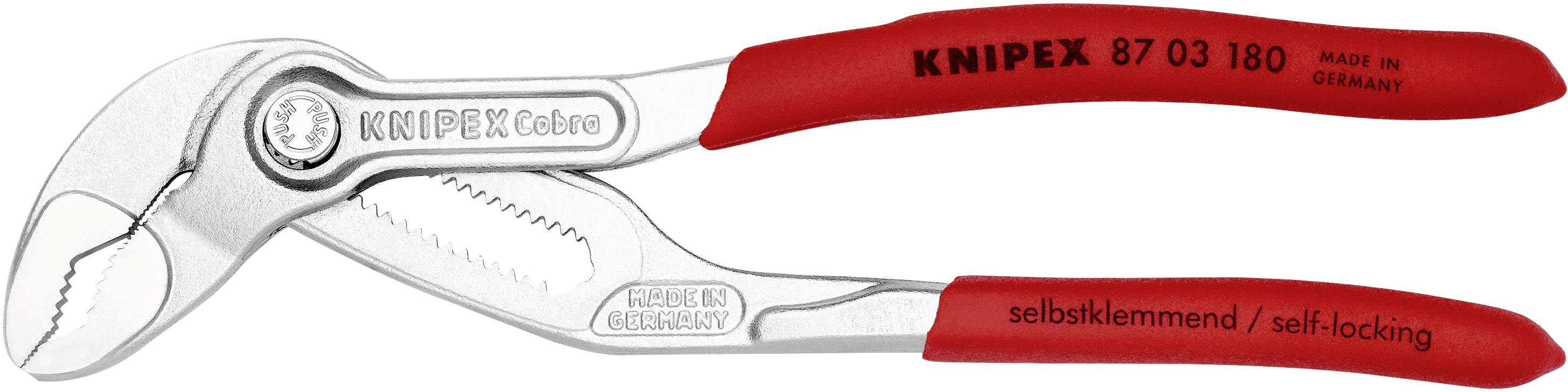 Rote KNIPEX Zange mit verstellbaren Greifbacken, aus Metall, hergestellt in Deutschland.