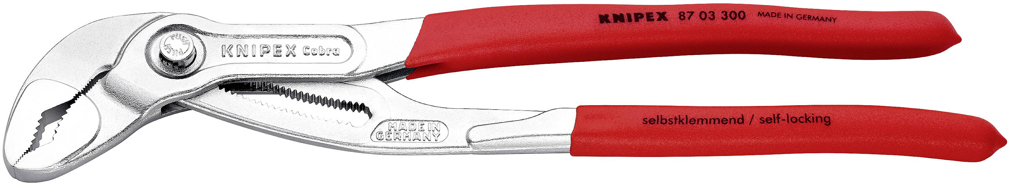 Rote selbstklemmende Wasserpumpenzange der Marke Knipex. Markierungen zeigen Größe und Herkunft.