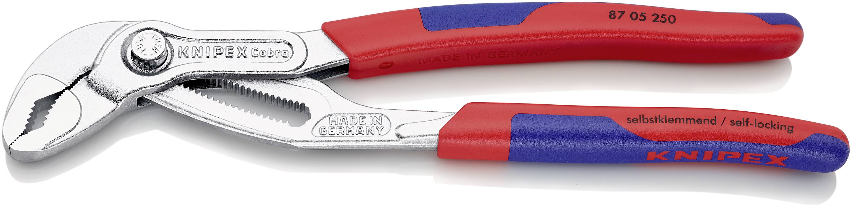 Rote und blaue Wasserpumpenzange mit der Aufschrift 'Knipex'. Geeignet zum Halten und Greifen von Rohren oder Muttern.