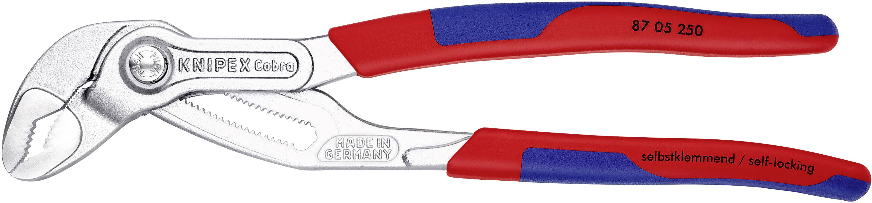 Eine rote und blaue Wasserpumpenzange mit der Aufschrift 'selbstklemmend / self-locking', geeignet zum Greifen von Rohren und Muttern.