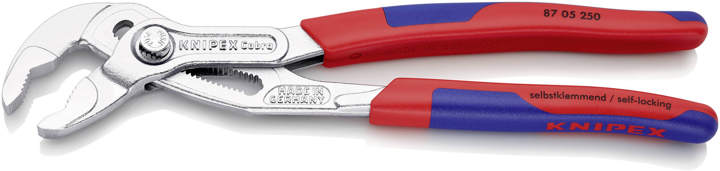 Eine rote und blaue Wasserpumpenzange der Marke 'Knipex' mit der Aufschrift 'selbstklemmend', geeignet für das Greifen und Drehen.