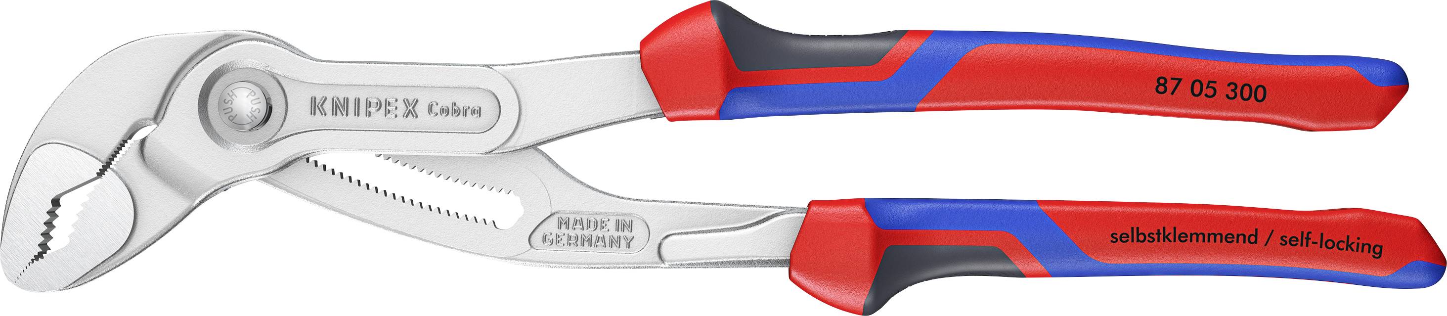 Zwei selbstsperrende Knipex Cobra Zangen, silberfarben mit roten und blauen Griffen, nebeneinander abgebildet mit offenen und geschlossenen Backen, gekennzeichnet mit '87 05 300'.