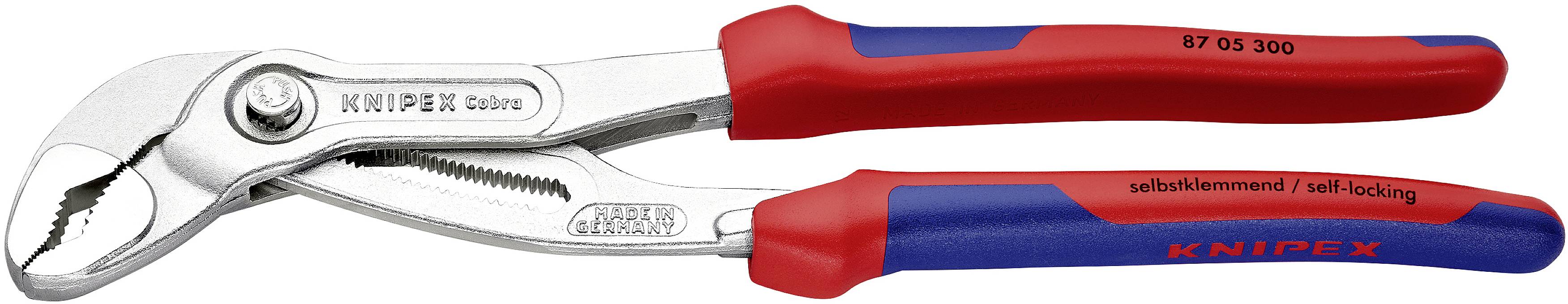 Zange mit rotem und blauem Griff, Marke Knipex. Geeignet zum Greifen und Halten von Gegenständen. Aufschrift 'selbstklemmend'.