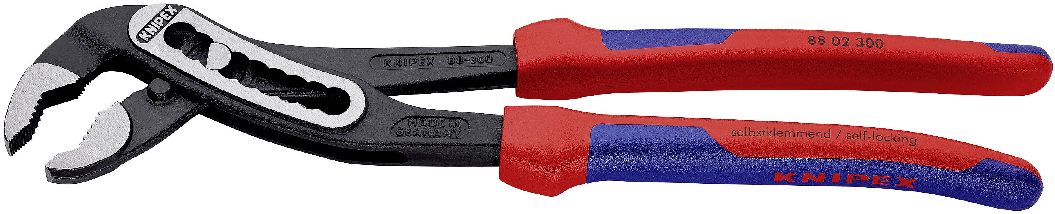 Zange mit roten Griffen und verstellbarem Kopf für verschiedene Einsatzzwecke; Marke 'KNIPEX' sichtbar auf dem Griff.
