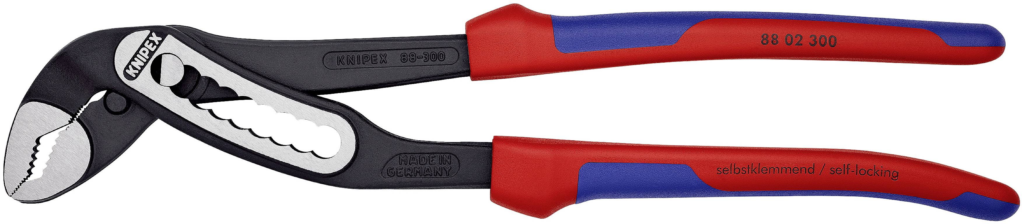 Eine Knipex-Wasserpumpenzange mit roten und blauen Griffen, die für verschiedene Greif- und Halteaufgaben eingesetzt wird.