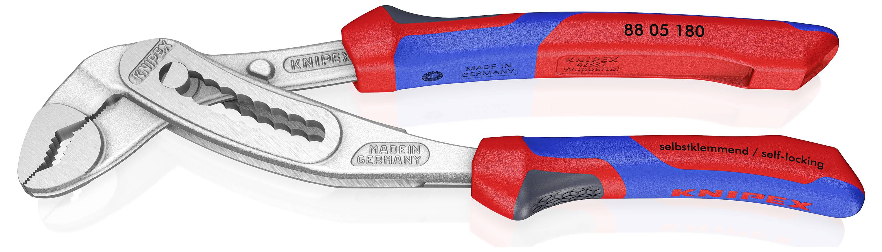 Verstellbare Zange mit Backen und ergonomischem rot-blauem Griff, gekennzeichnet mit 'Knipex.' Geeignet zum Greifen verschiedener Objektgrößen.