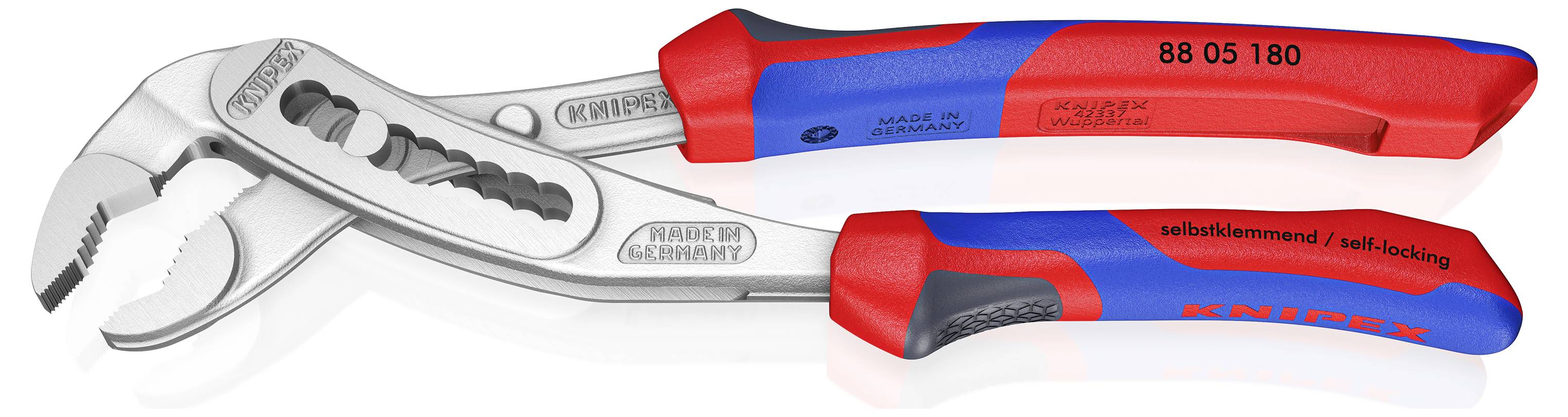 Rot-blaue Zangenzange mit verstellbaren Backen, gekennzeichnet mit „KNIPEX