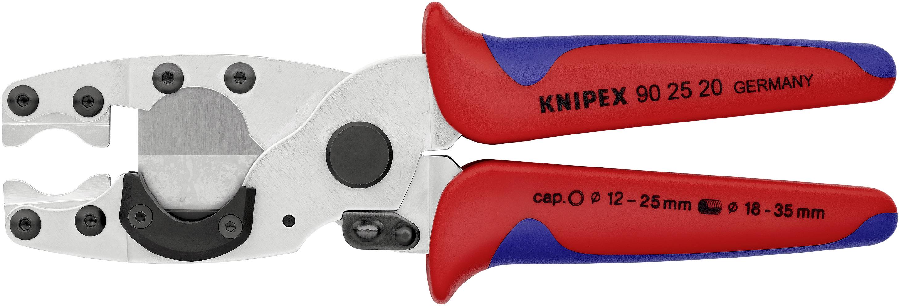 Crimpzange mit rot-blauen Griffen und Aufschrift: 'KNIPEX 90 25 20 GERMANY', für Kabeldurchmesser von 12-25 mm und 18-35 mm.