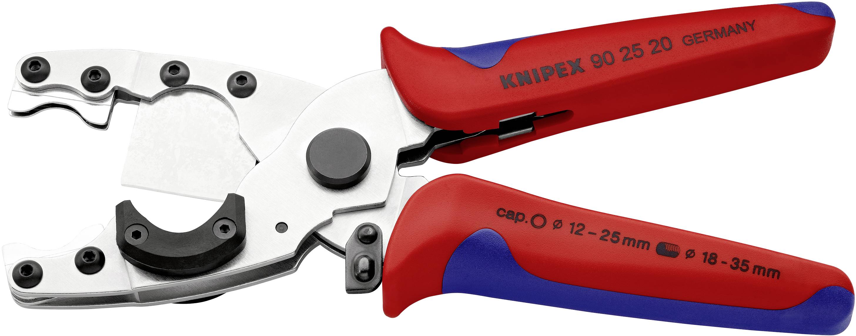Eine rote und blaue Kabelschere der Marke Knipex, geeignet für Kabeldurchmesser von 12-35 mm, aus Deutschland.