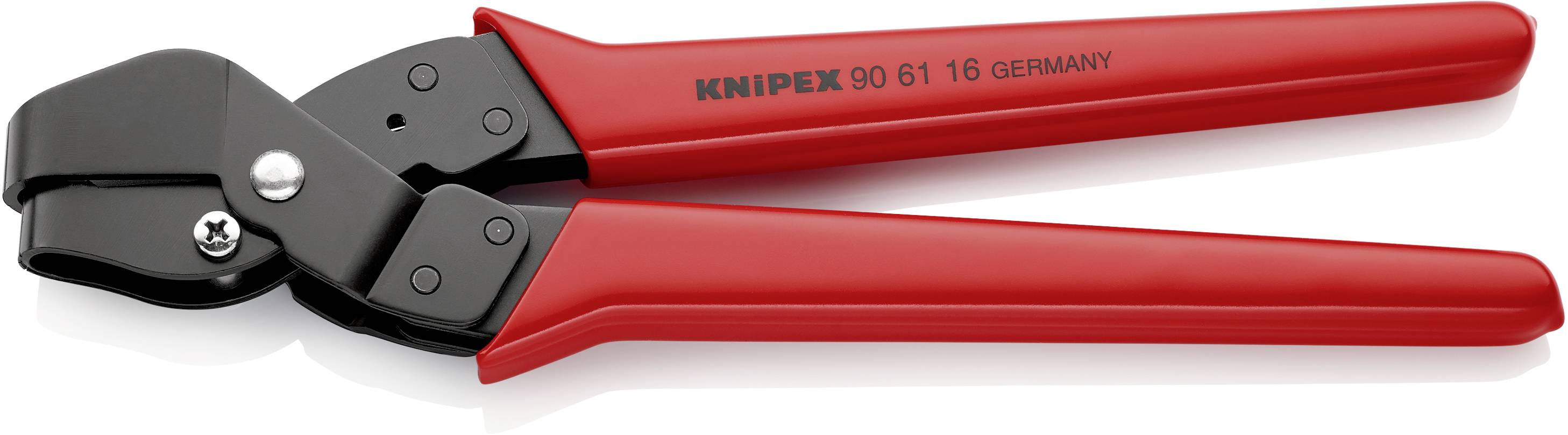 Eine rote Kabelschere der Marke Knipex, Modellnummer 90 61 16 aus Deutschland, liegt geöffnet auf einem weißen Hintergrund.