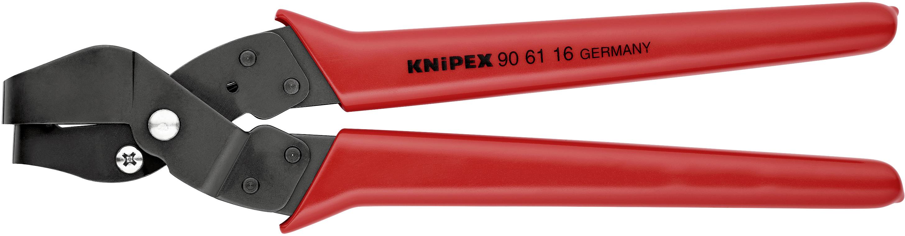 Das Bild zeigt einen Kabelschneider mit roten Griffen und schwarzem Schneidekopf. Auf dem Griff steht 'KNIPEX 90 61 16 GERMANY'.