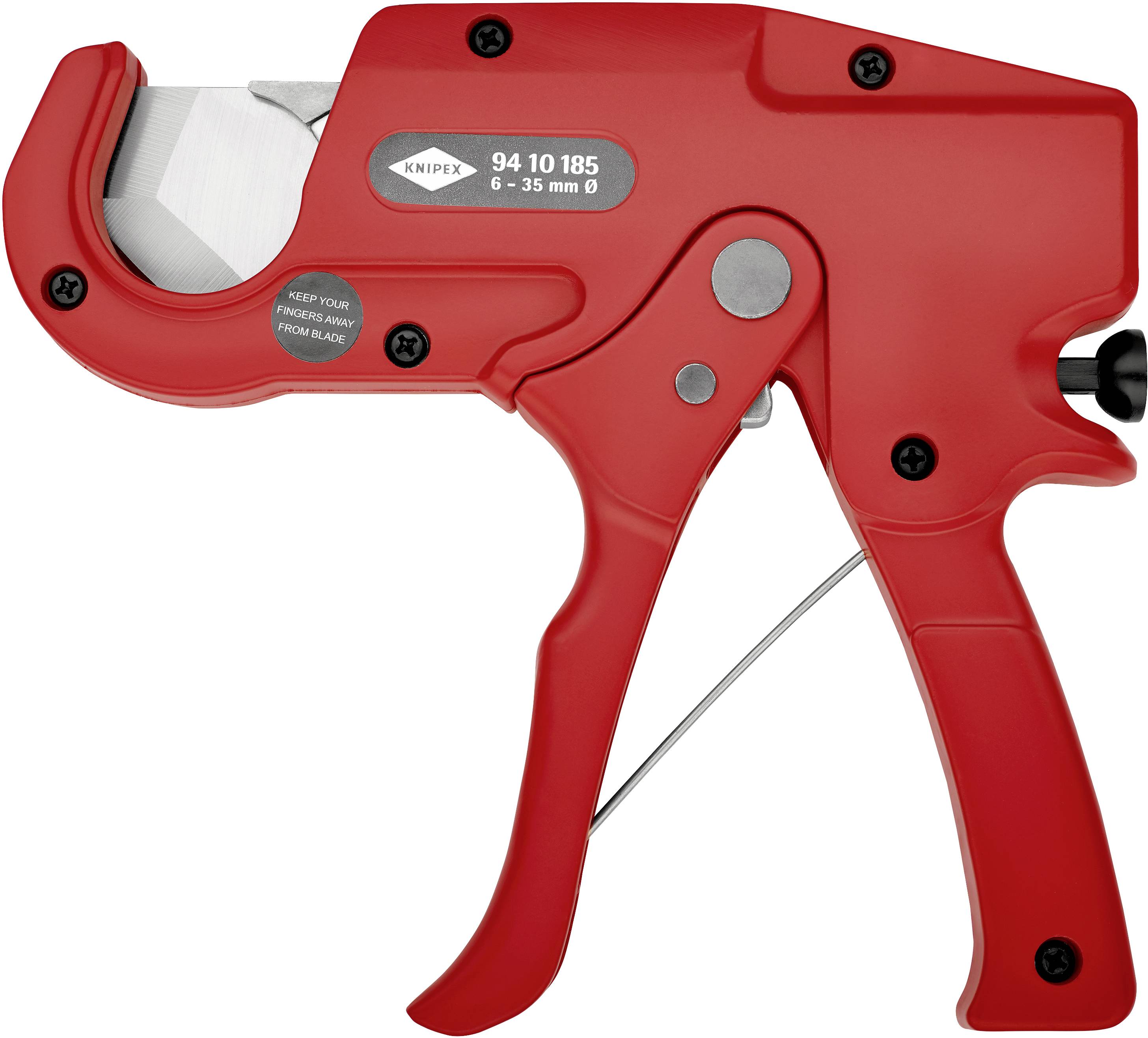 Rote Rohrschere mit schwarzem Knopf und Hebel, geeignet zum Schneiden von Kunststoffrohren von 6 bis 35 mm Durchmesser.