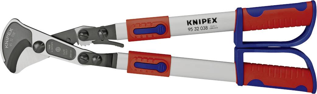 Bolzenschneider mit blauen und roten Griffen, geeignet für das Schneiden von dickem Draht oder Metallstäben. Markenname 'Knipex'.