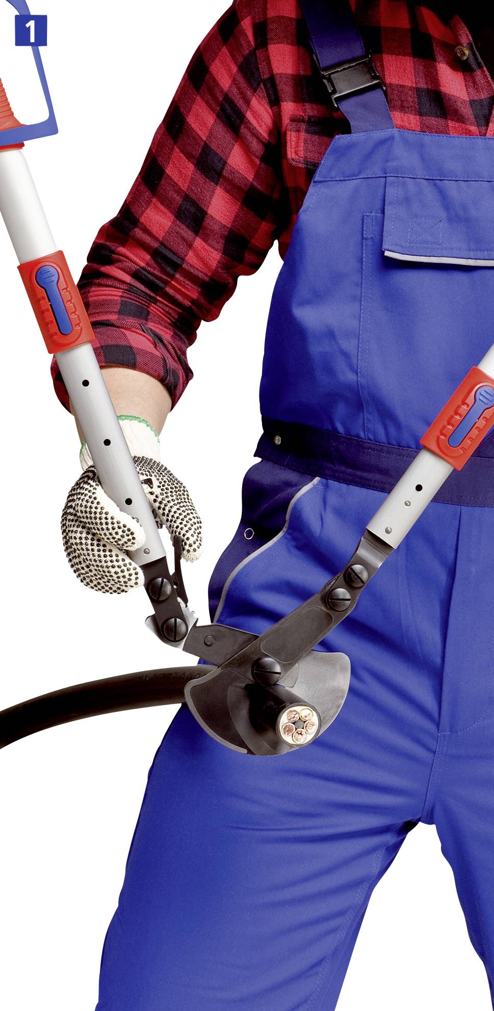 Eine Person in blauer Latzhose schneidet mit einer großen Astschere einen Ast. Sie trägt rot kariertes Hemd und Arbeitshandschuhe.