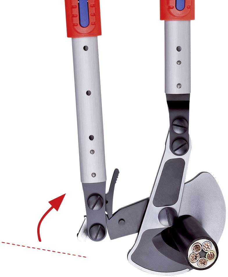 Schneidwerkzeug mit rotem Griff und Schneidmechanismus unten rechts, zeigt Ausrichtungsführungen mit Pfeil und gestrichelter Linie.