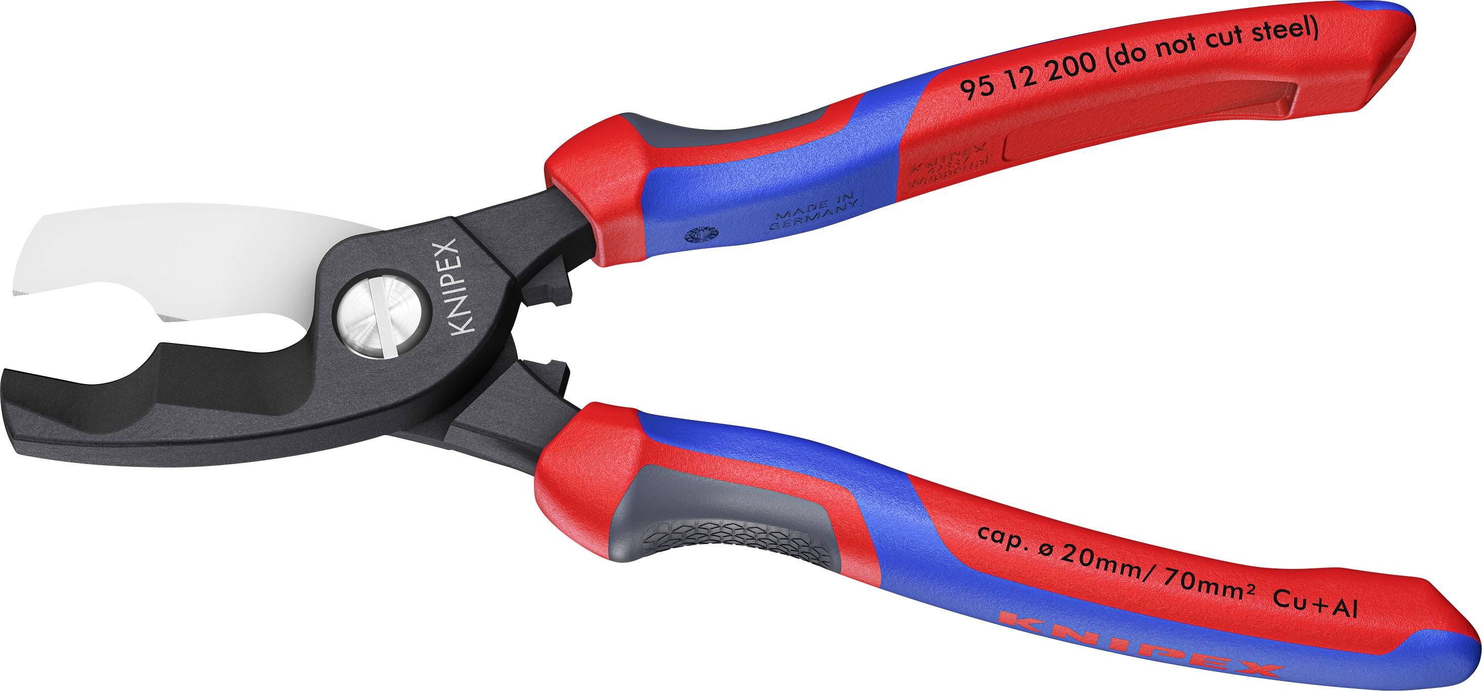 Spezialzange von Knipex, geeignet zum Schneiden von Kabeln bis 70 mm². Griff mit blauer und roter Gummierung für besseren Halt.