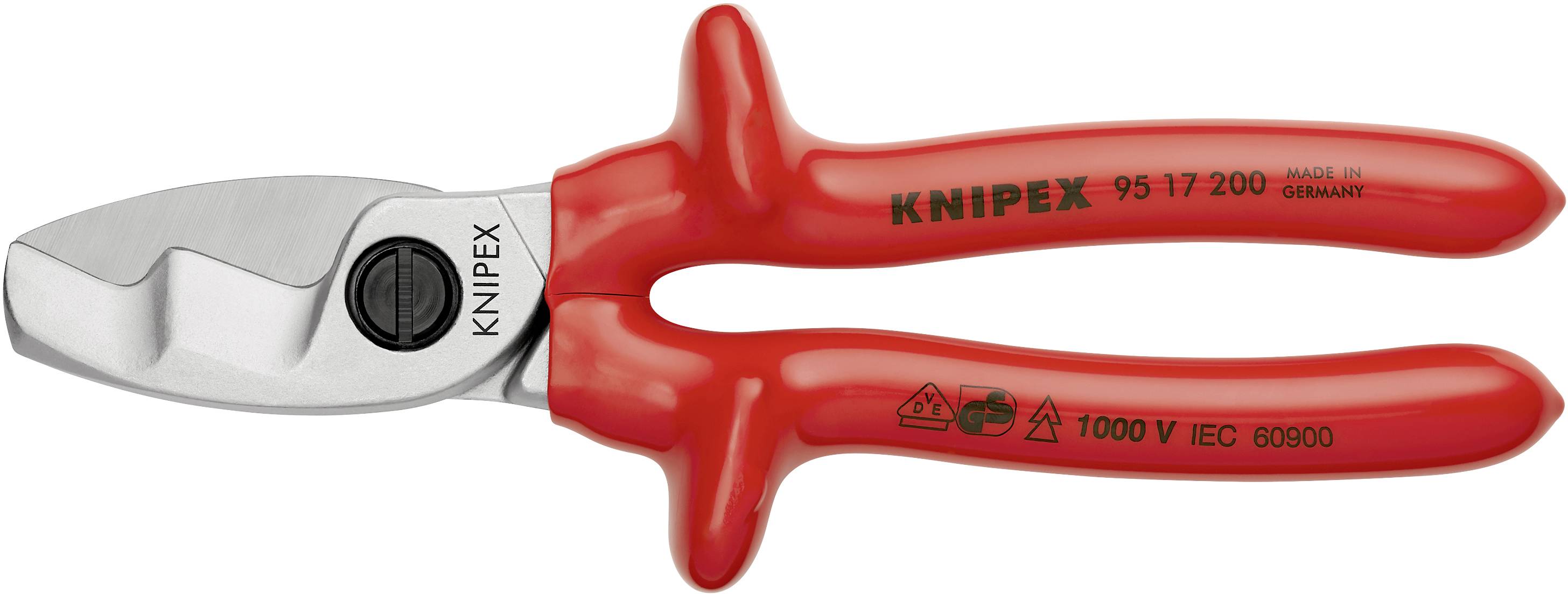 Rote Kabelschere mit Aufschrift 'KNIPEX' auf dem Griff. Geeignet für Arbeiten bis 1000 V.
