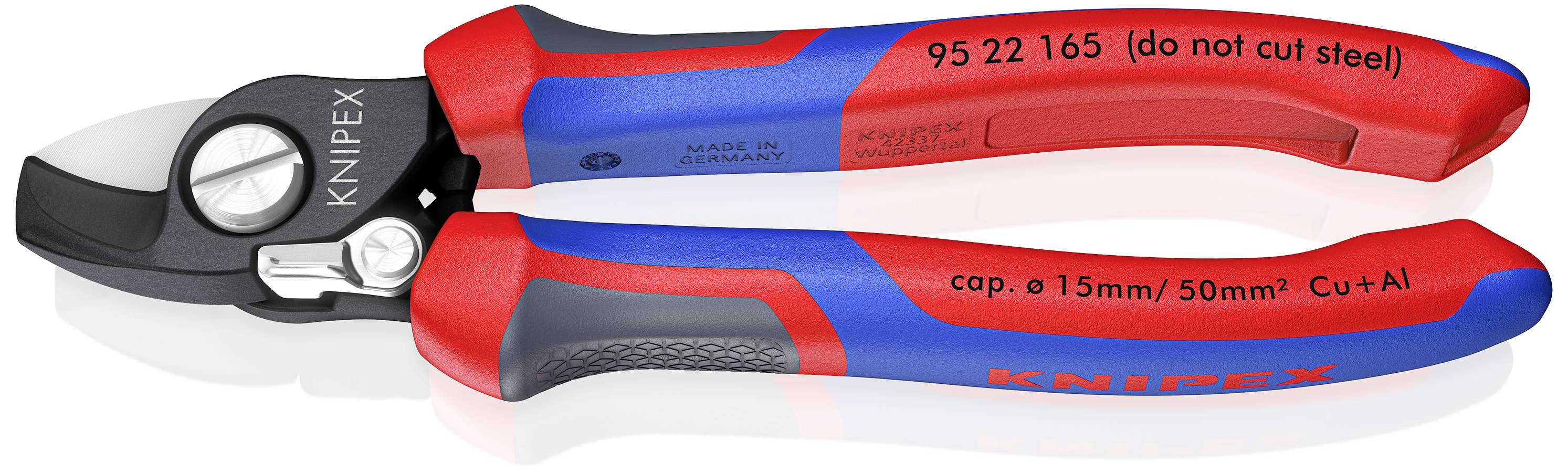 Kabelschneider aus Metall und Kunststoff, griffige rote und blaue Griffe, Aufschrift 'KNIPEX'. Schneiden von Kupfer- und Alukabeln.
