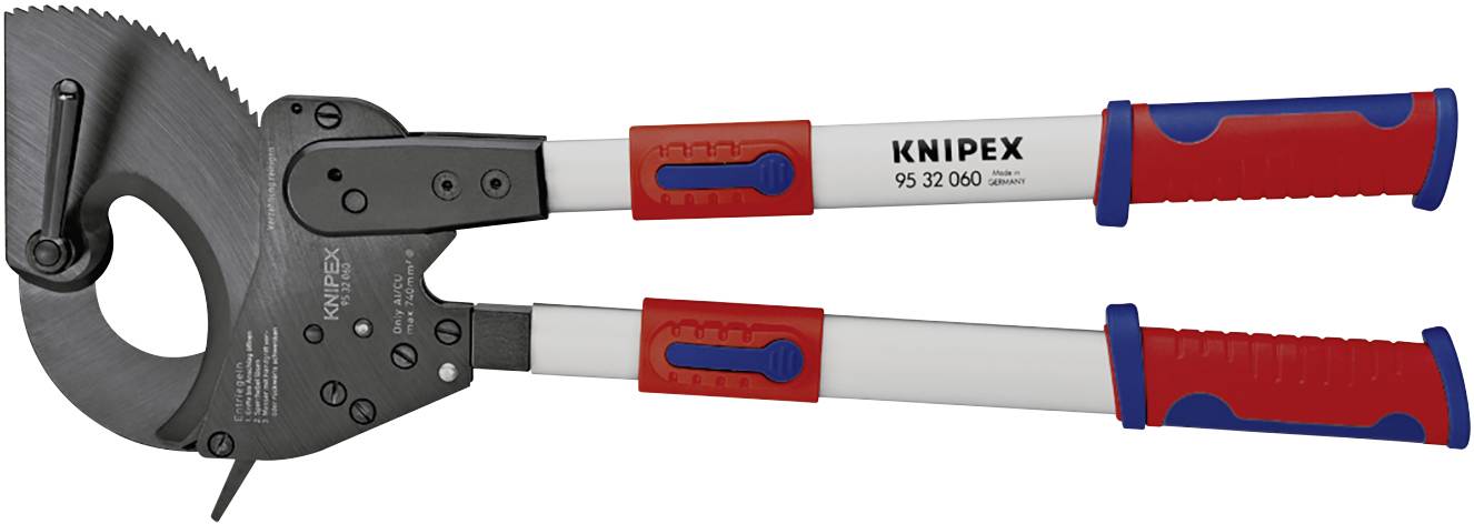Eine rote und blaue Kabelschere mit ergonomischen Griffen von KNIPEX, geeignet zum Schneiden von dicken Kabeln.