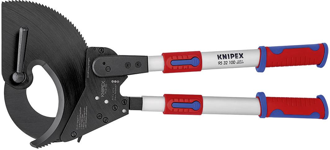 Kabelschneider mit roten und blauen Griffen, geeignet zum Schneiden dicker Kabel. Markenname 'Knipex' auf den Griffen sichtbar.