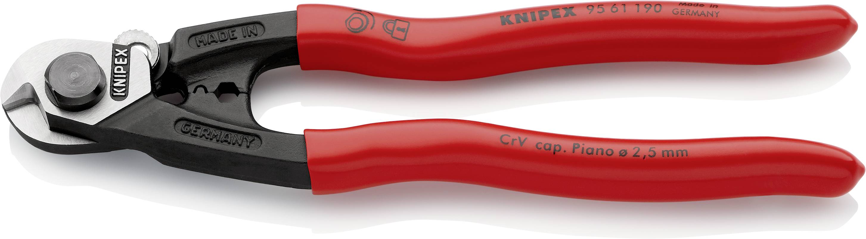 Roter Kabelschneider mit ovalem Kopf und schwarzem Griff. Auf dem Griff steht 'Knipex' und 'C7' sowie weitere technische Daten.
