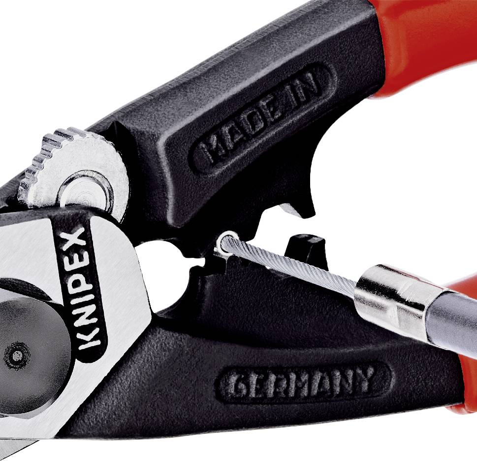 Handwerkzeug mit rotem Griff, geprägt mit 'Made in Germany' und 'Knipex'.