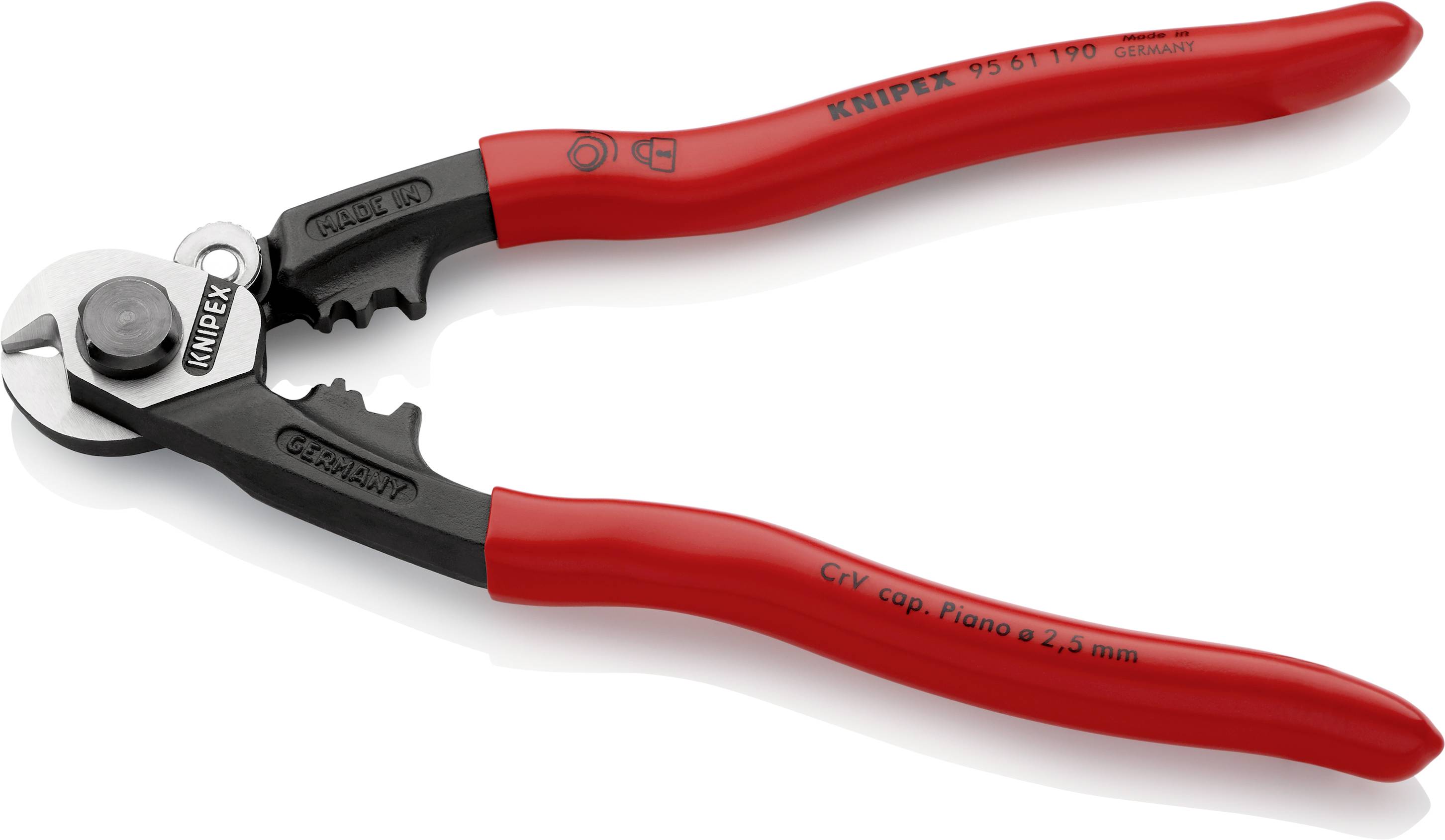 Rote Kabelschneiderzange mit schwarzem Metallschneider. Text auf Griff: 'KNIPEX' und 'CV-cap. Piano 2,5 mm'.
