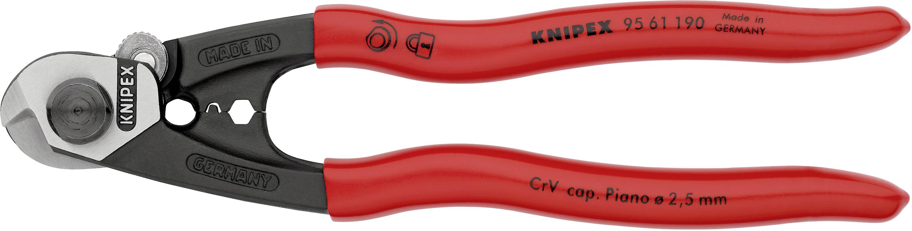 Drahtschneider von Knipex mit roten Griffen und schwarzem Schneidkopf. Inschrift 'C-V cap. Piano Ø 2,5 mm'. Made in Germany.