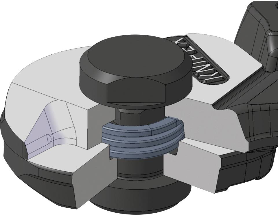 Computergenerierte Darstellung eines Bauteils mit zylindrischen und geraden Elementen, das einen verborgenen Mechanismus zeigt.