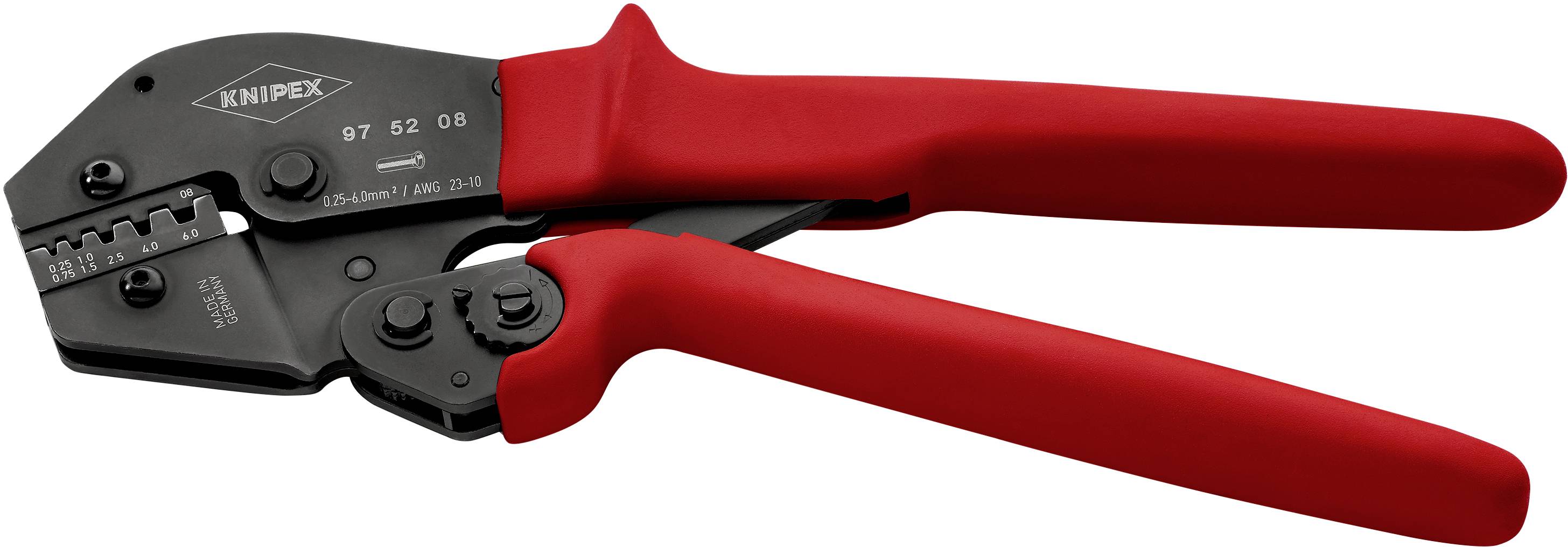 Zange mit roten Griffen und dunklem Metallkopf, geeignet zum Crimpen von Kabeln. Markenname 'Knipex' auf dem Werkzeugkopf.