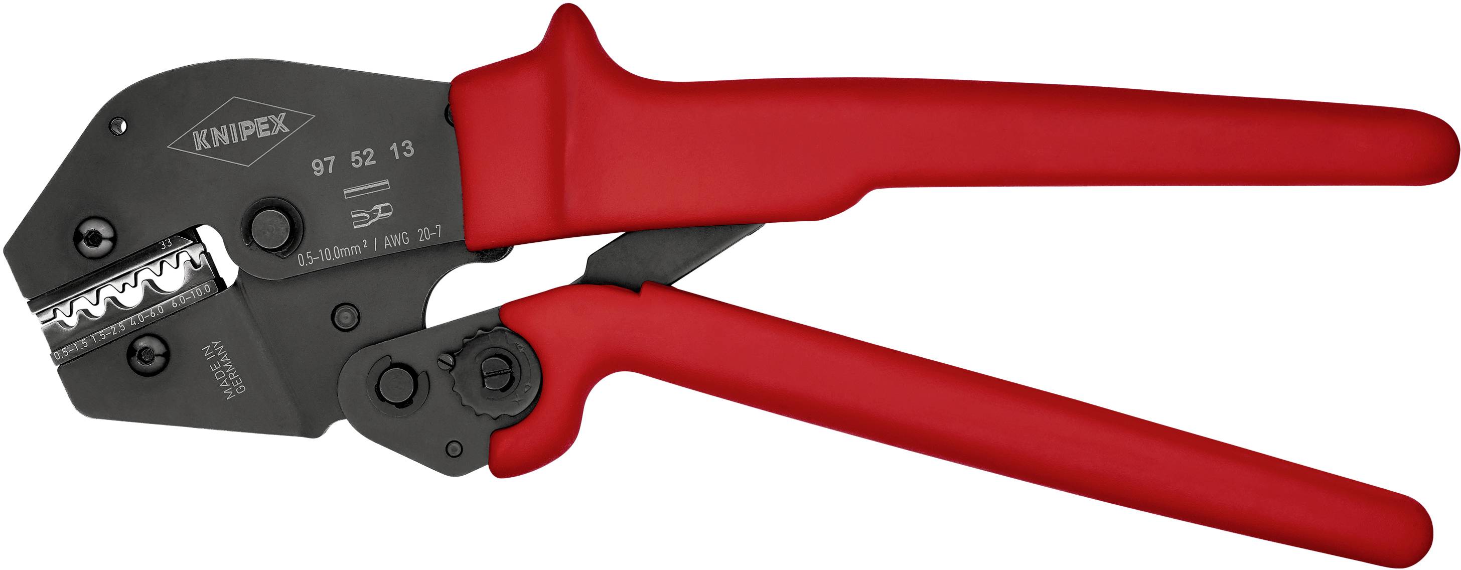 Eine rote Crimpzange mit schwarzem Kopf, Modell 'Knipex 97 52 13', zum Verarbeiten von Kabelschuhen und Steckern.