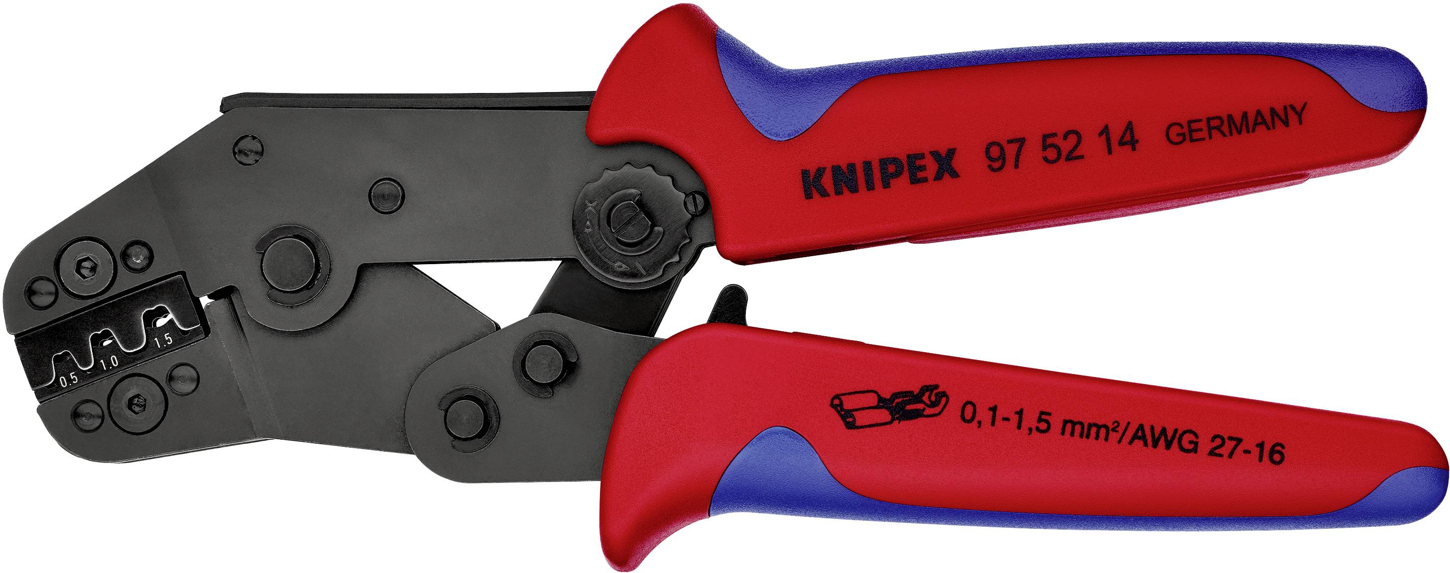 Crimpzange mit roten und blauen Griffen, schwarze Pressbacken. Beschriftet mit 'KNIPEX' und Größenangabe '0,1-1,5 mm²/AWG 27-16'.