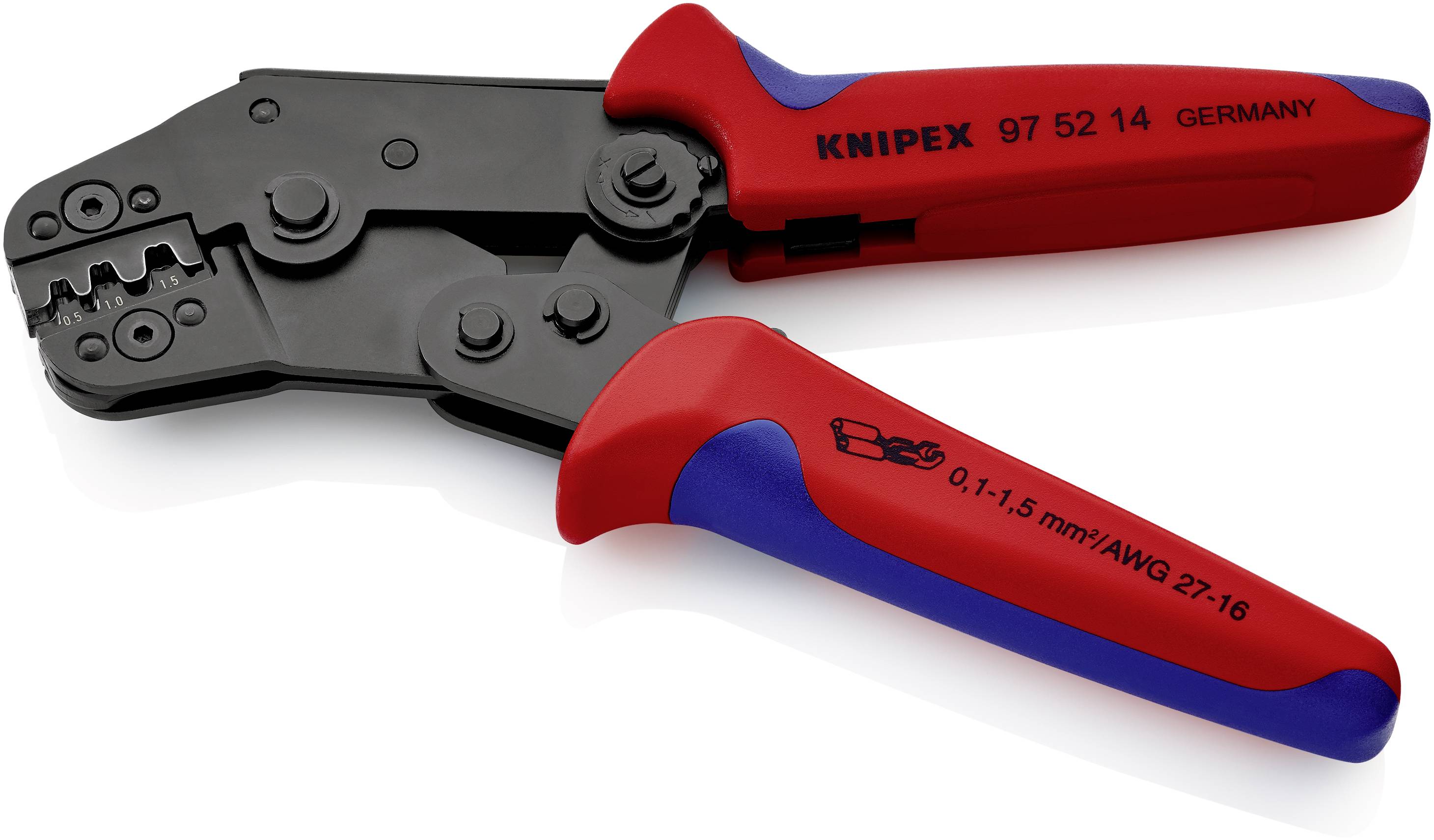 Eine rote und blaue Crimpzange mit der Aufschrift 'KNIPEX 97 52 14 GERMANY'. Geeignet für Kabel 0,1-1,5 mm²/AWG 27-16.