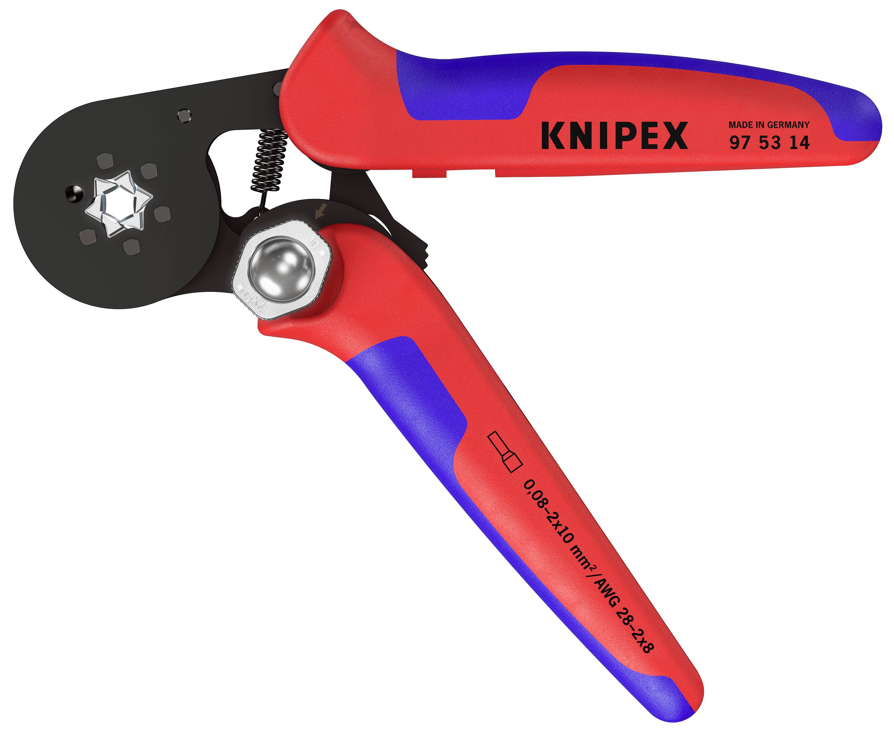 Zange von Knipex mit rotem und blauem Griff, geeignet für das Crimpen von Kabelverbindungen. Werkzeugtyp und Modellnummer sind sichtbar.