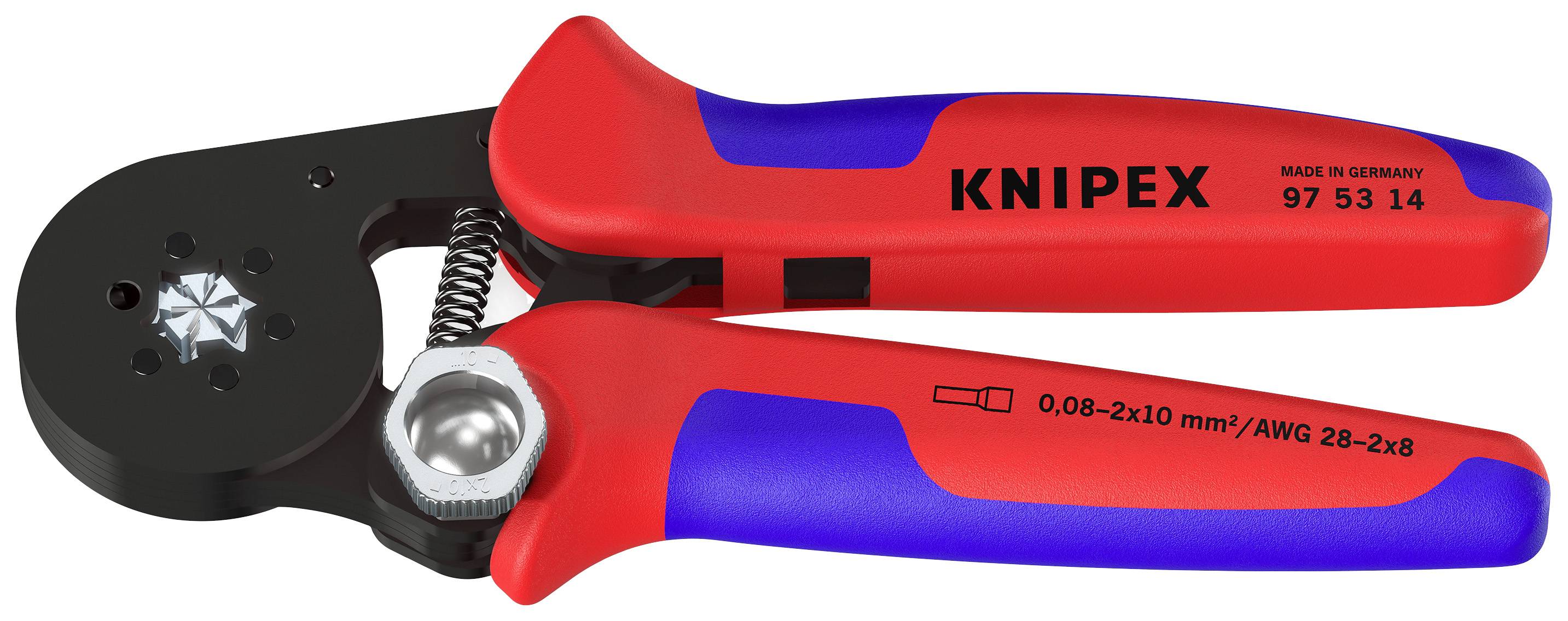 Crimpzange mit rotem und blauem Griff, Markenname 'KNIPEX', geeignet für Kabelgrößen 0,08–2,0 mm²/AWG 28–2x8, hergestellt in Deutschland.