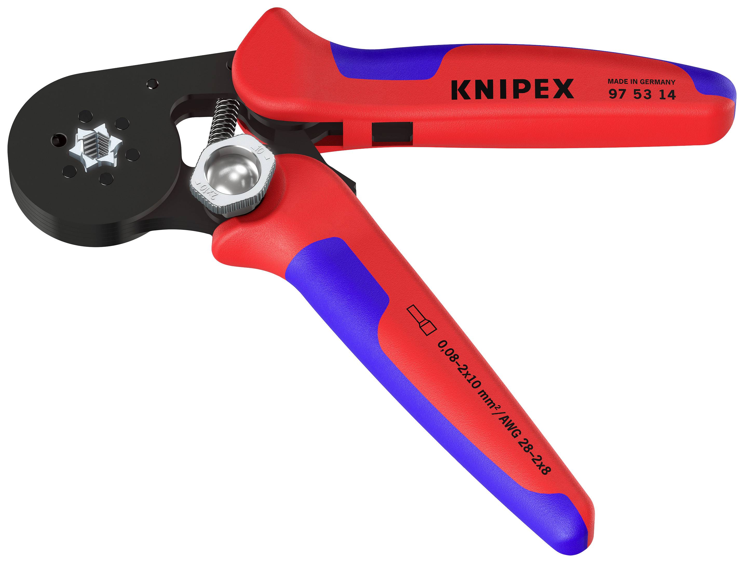 Rote und blaue Crimpzange von Knipex, Modell 97 53 14, hergestellt in Deutschland.