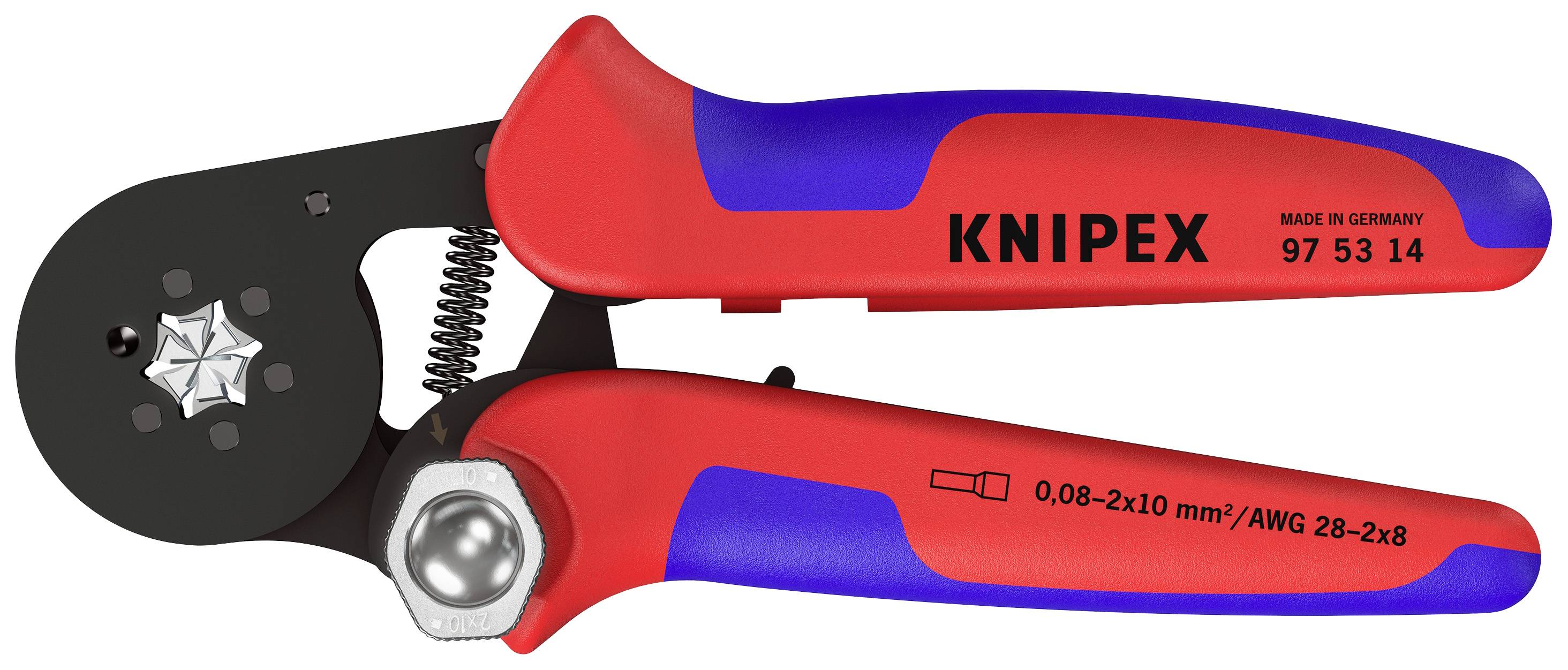 Crimpzange mit rot-blauem Griff, Marke 