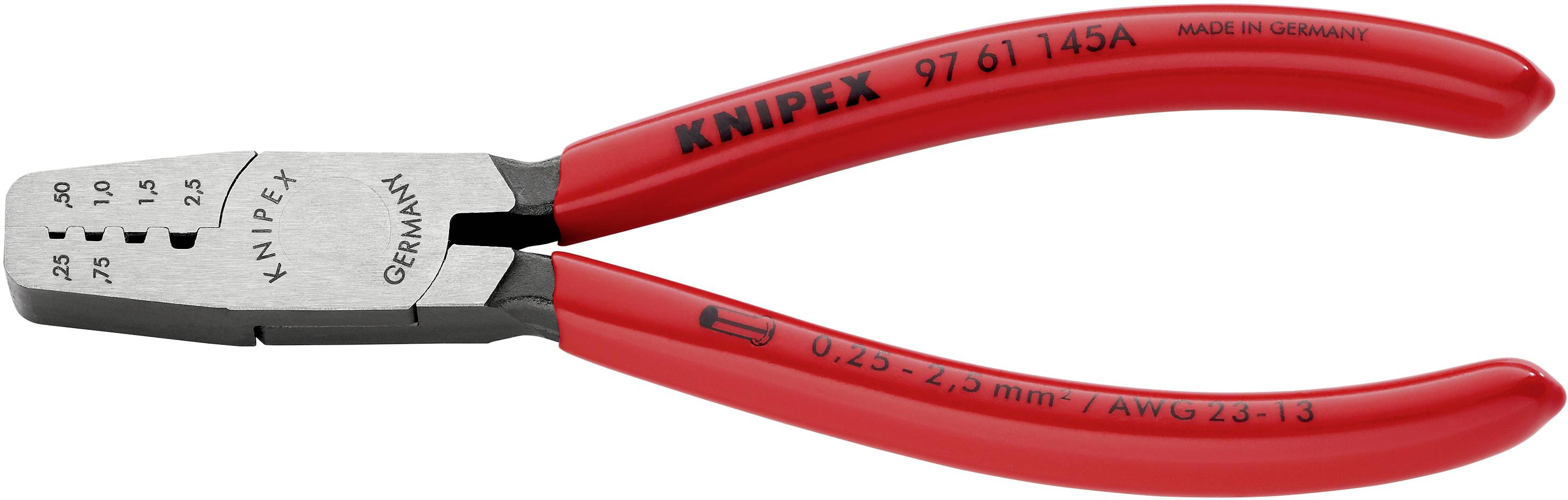 Rote Crimpzange von Knipex mit Bezeichnung '97 61 145 A' auf dem Griff. Bestimmt für Kabelschuhe, Made in Germany.
